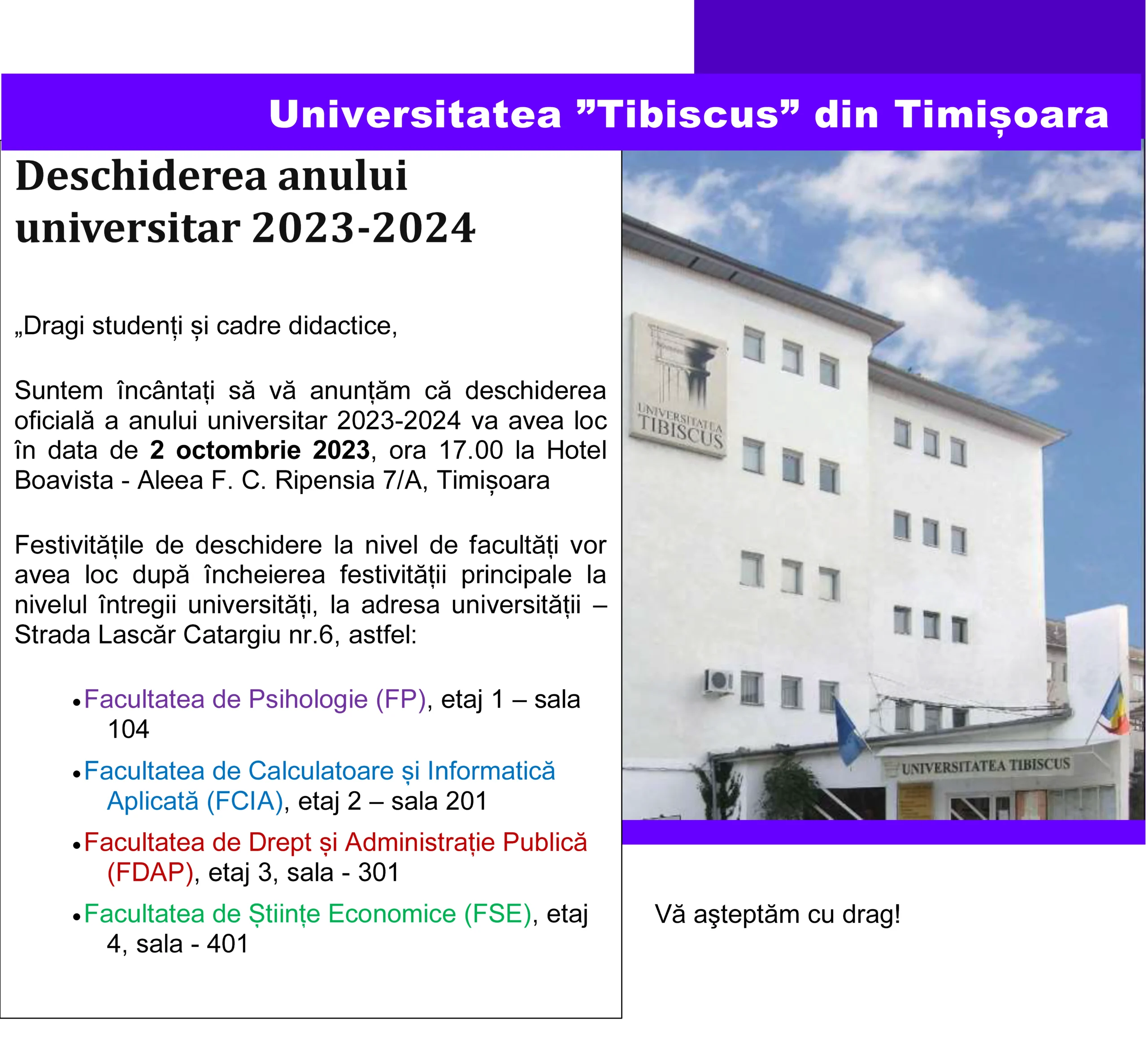deschidere an universitar 2023 2024 universitatea tibiscus din timisoara