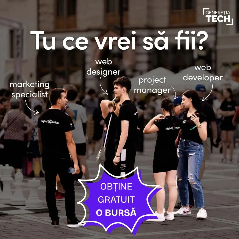 prinde o bursă generația tech 2025 no resize Tineri discutând cariere în tehnologie, reclamă Generația Tech bursă competențe digitale